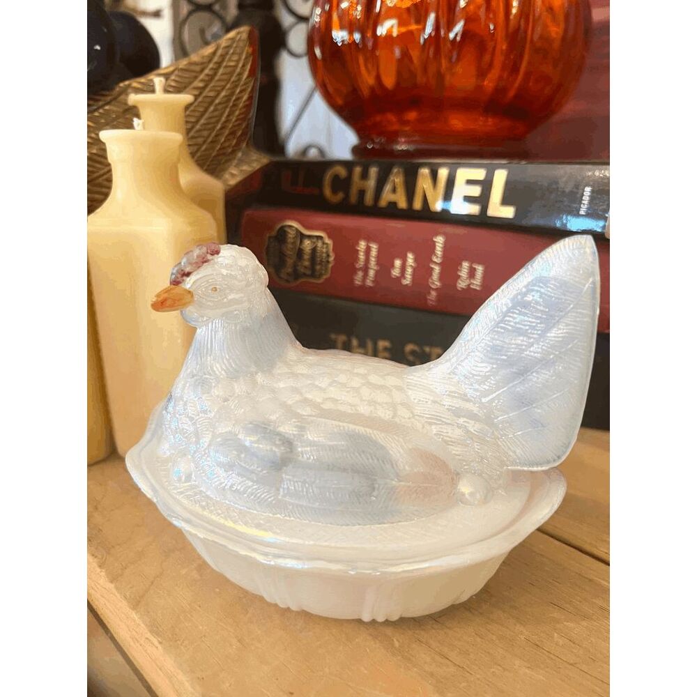 Vintage Fenton Iridescent Milk Glass Hen on Nest Covered Dish